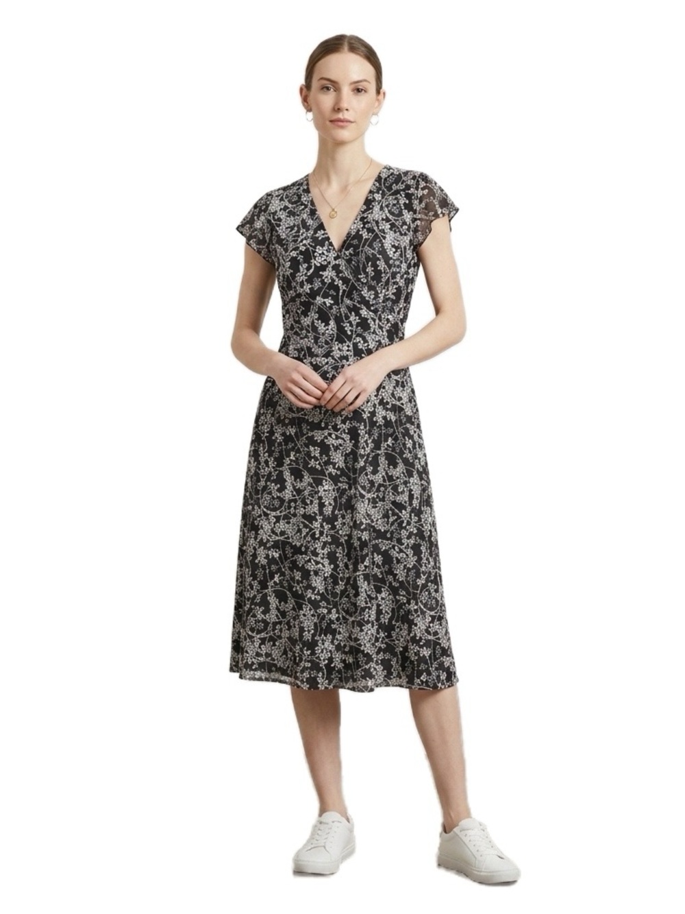 LOFT Black and White Floral V-Neck Midi Dress